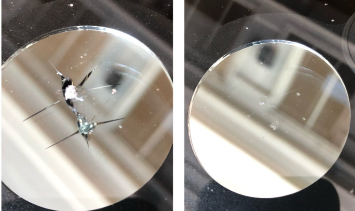 Windshield chip shown before repair and magnified after repair