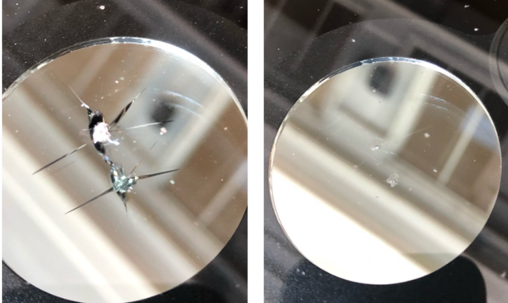 Side-by-side magnified comparison of a windshield chip before and after repair