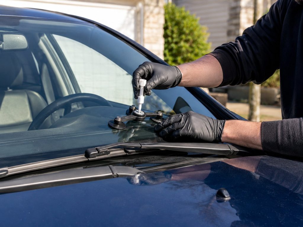 Windshield chip repair in progress on a dark sedan in a residential driveway