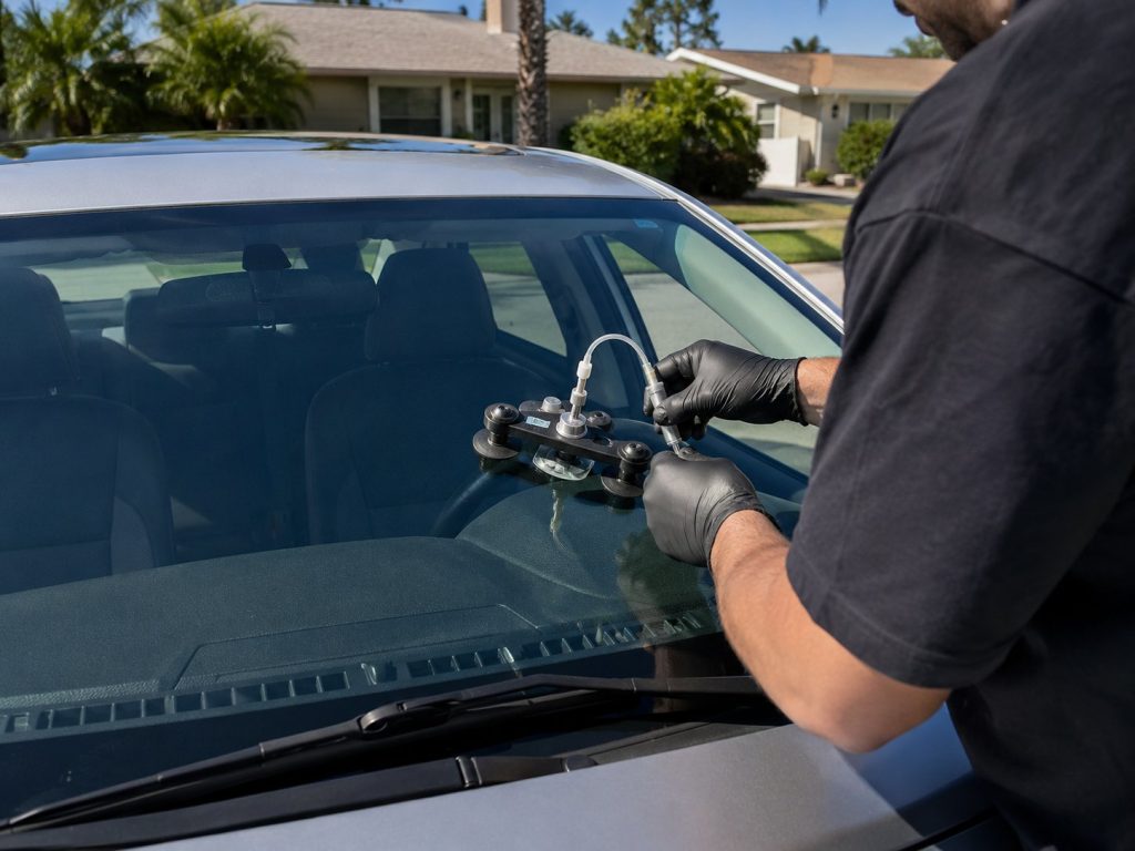 Mobile windshield chip repair on a silver car in a suburban neighborhood