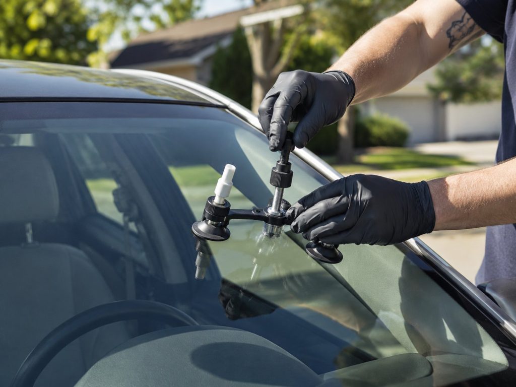 Windshield chip repair with bridge tool in bright sunlight at a customer driveway