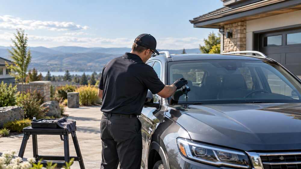 Anonymous technician providing mobile windshield chip repair at a customer location in natural daylight