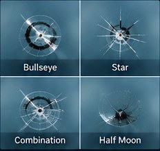 Common windshield chip types including bullseye star combination and half moon